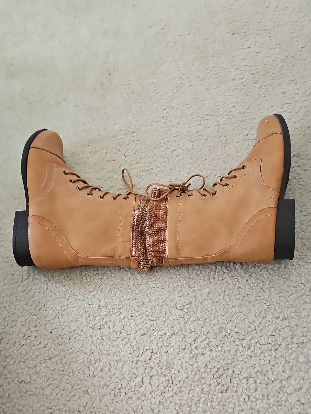 Bella Marie Tan Knit Cuff Ankle Boots Lace Up Side Zipper Size 8.5 - Picture 9 of 11